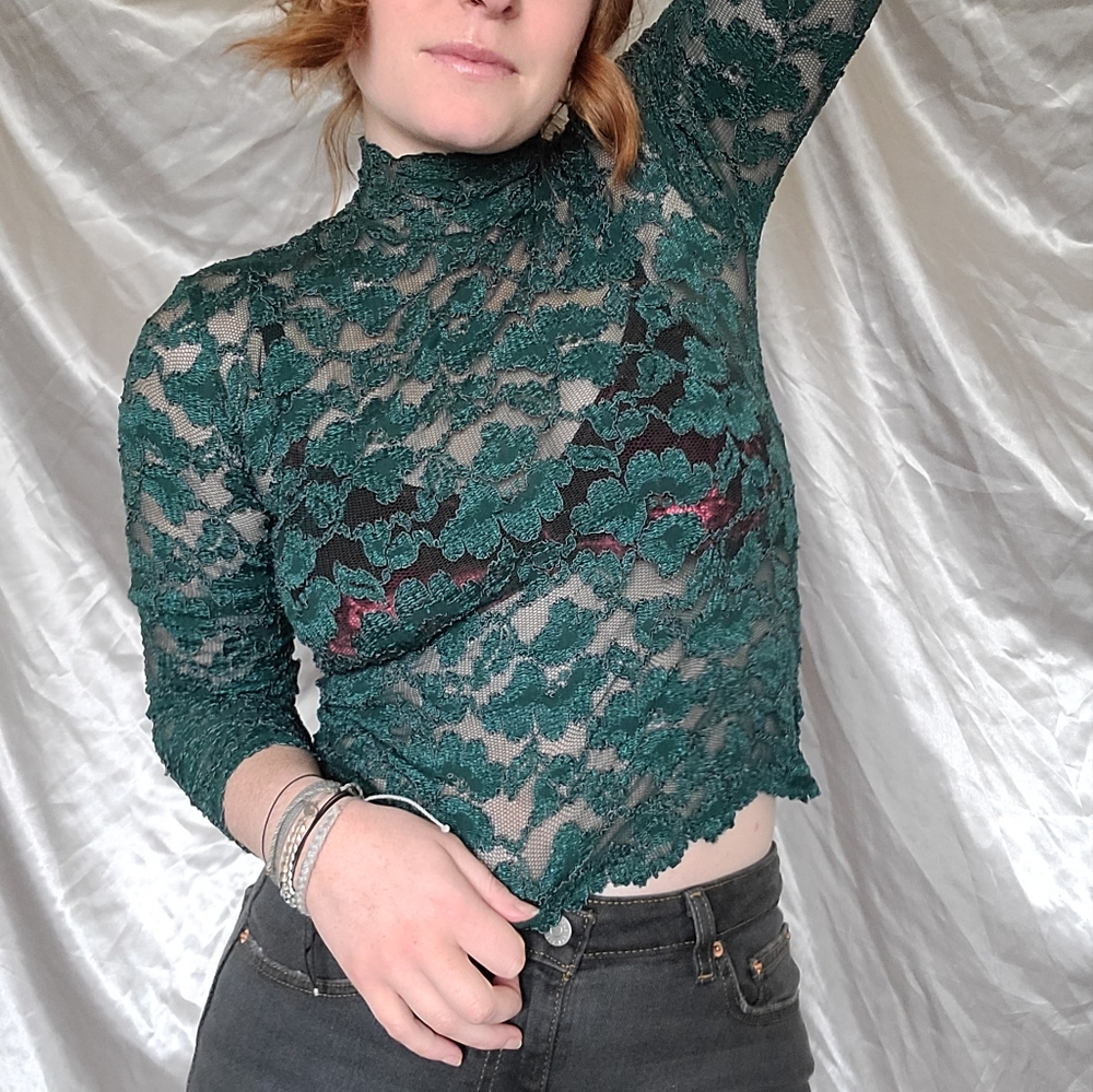 Vintage Rave Indie Alt Goth Whismical Witchy Green Sheer Lace Long Sleeve Top